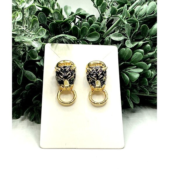 Vintage Gold Tone and Black Enamel Panther Head Earrings - Picture 9 of 10